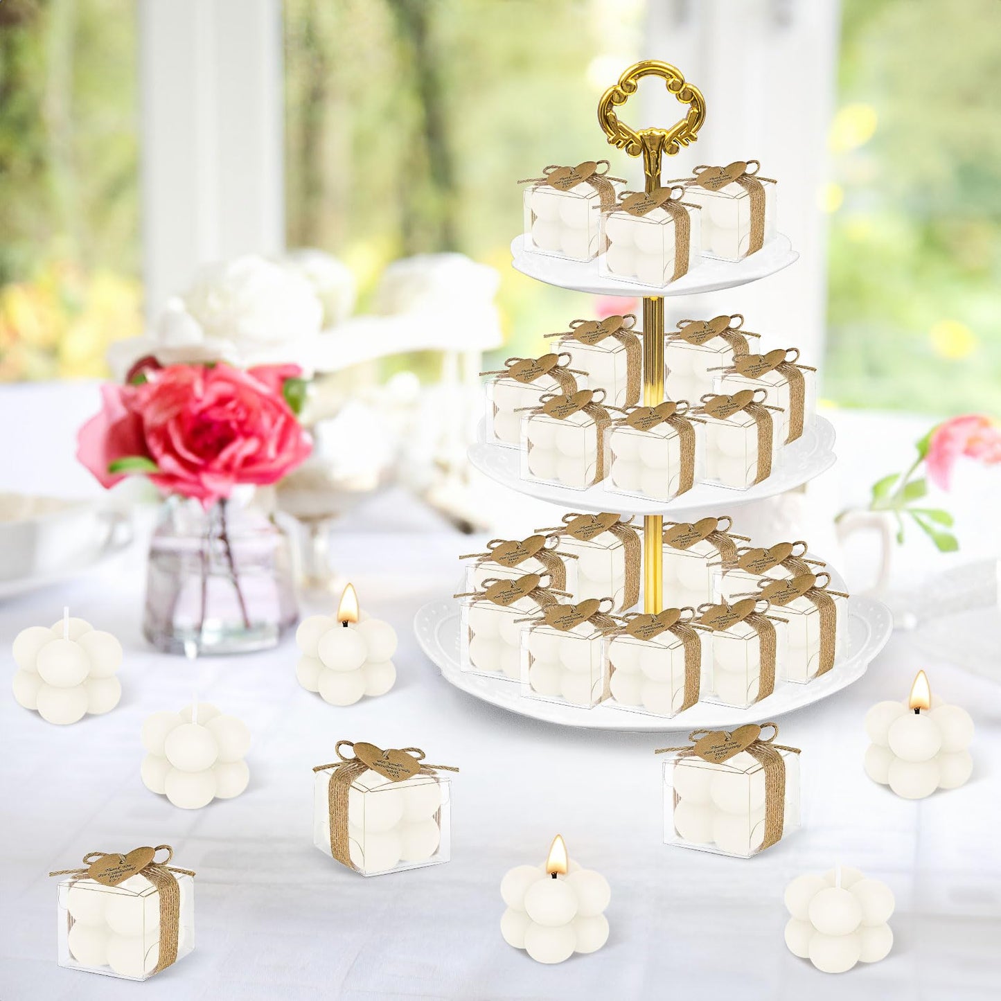 30 Sets Mini Bubble Candles Wedding Favors for Guests, 1.57" Soy Wax Candle Thank You Gifts with Cards, Dried Flowers & Clear Gift Boxes for Bridal Shower Baptism Baby Shower (Ivory)