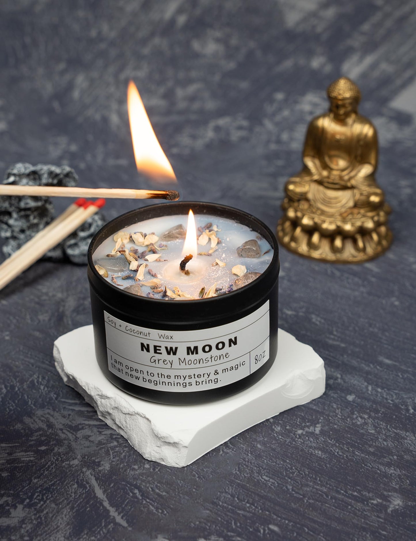 NEW Moon Handmade Candle, New Beginnings, Ritual Energy Gift, Intention De-Stress Good Fortune, Success Protection, Meditation, Moonstone, Soy Wax (8oz)