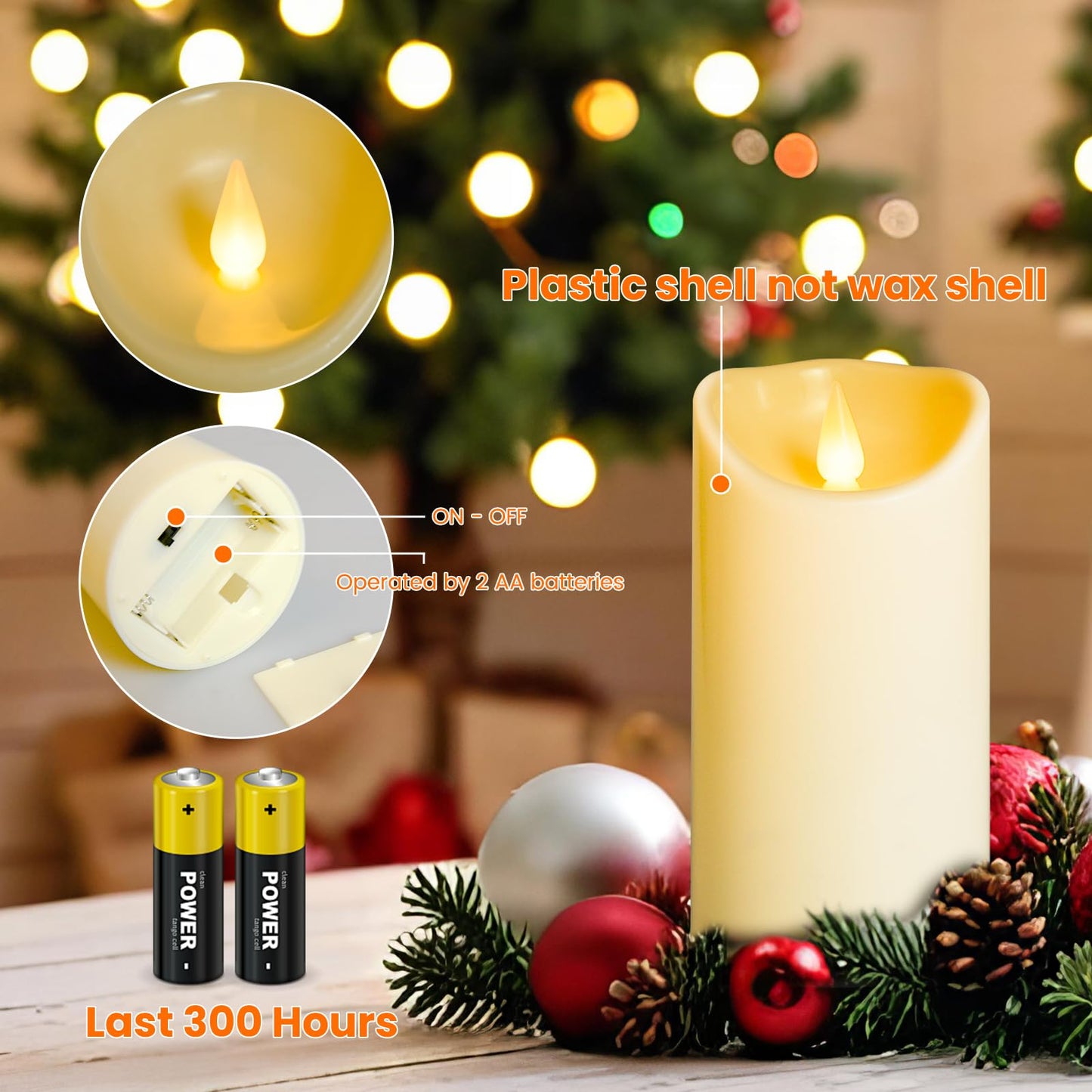 YIWER Plastic Flameless LED Candles,Pack of 4 Battery Operated Candle with 10 Key Remote Control Electric Fake Flickering Light Ivory Pillar D3”H6”
