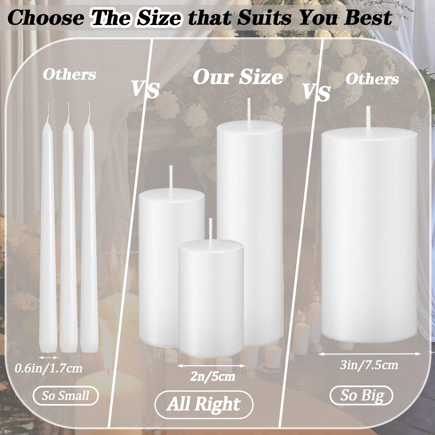 Trxvxo White Pillar Candles Bulk Set of 36，Hurricane Candles，3 Different Lengths 2 x 3/6/8 Inch (12 Each)，Dripless Unscented Smokeless，Gives You a Better Atmosphere When Organizing an Event Party.