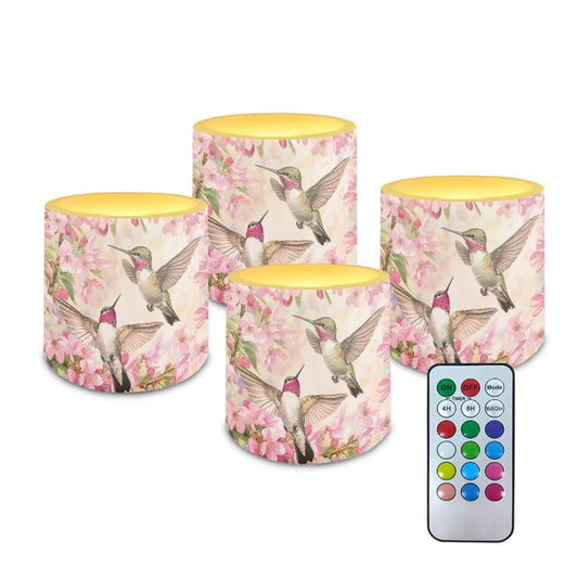 NETILGEN Cherry Floral Hummingbird 4 Packs Decorative Flameless Candles 3 inch LED Pillar Candles with Remote Timer Control Battery Operated Color Changing Candles