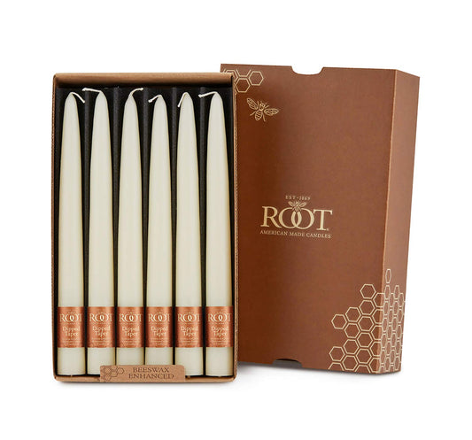 Root Candles 12-Count Unscented Taper Candles Smooth Hand-Dipped Dripless Beeswax Enhanced Boxed Candle Set, 9-Inch, Ivory