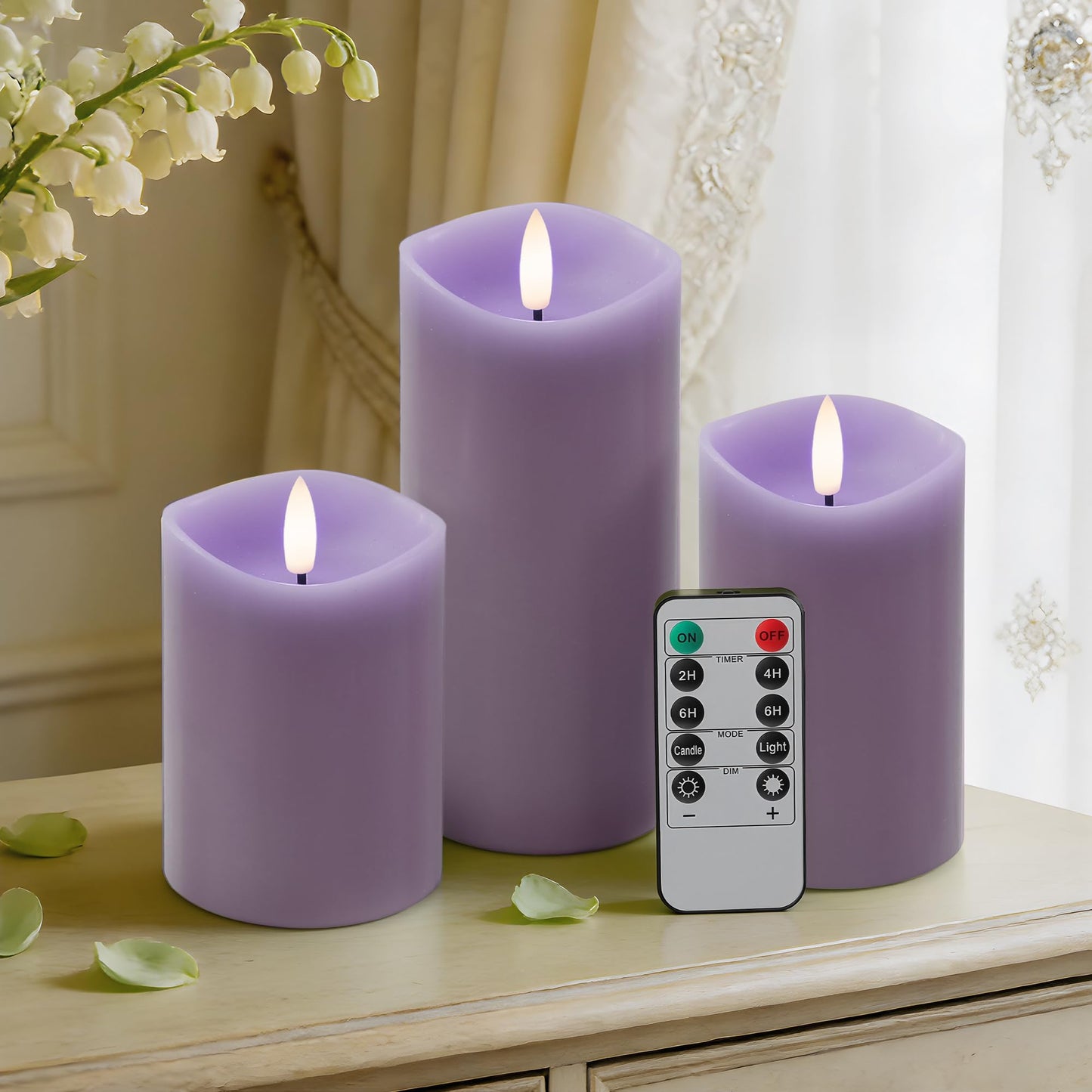 Velsyn Purple Flameless Candles with Remote and Timer, Real Wax Made LED Pillar Candles Battery Operated with 3D Flickering Flame Melted Edge, 3" x 4",5",6", Set of 3 (Pastel Purple)