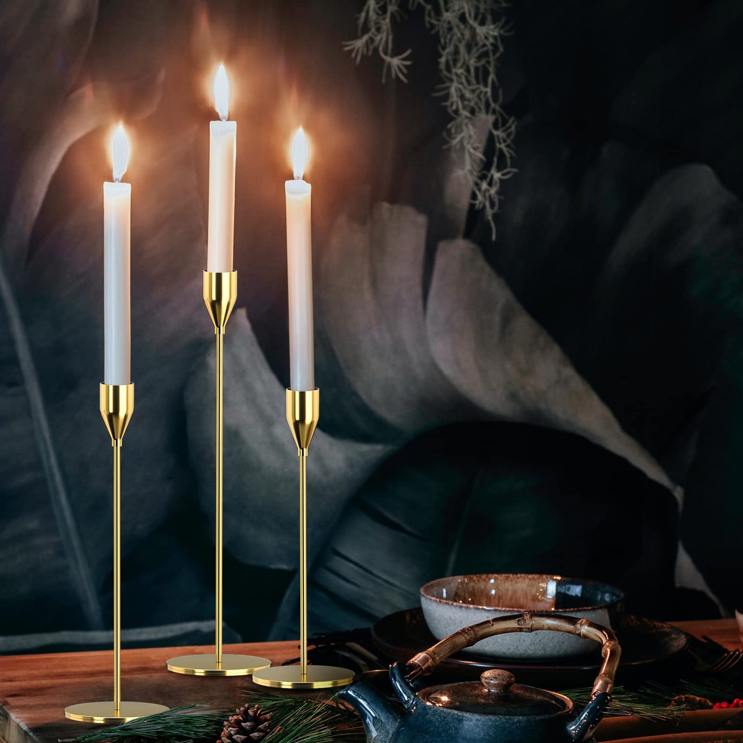 Gold Candle Holders 6Pcs/ 2 Set - Elegant Metal Candlestick Holders for 3/4 InchTaper & LED Candles, Weddings, Parties, Home Decor - Decorative Centerpieces for Table, Mantle, Fireplace