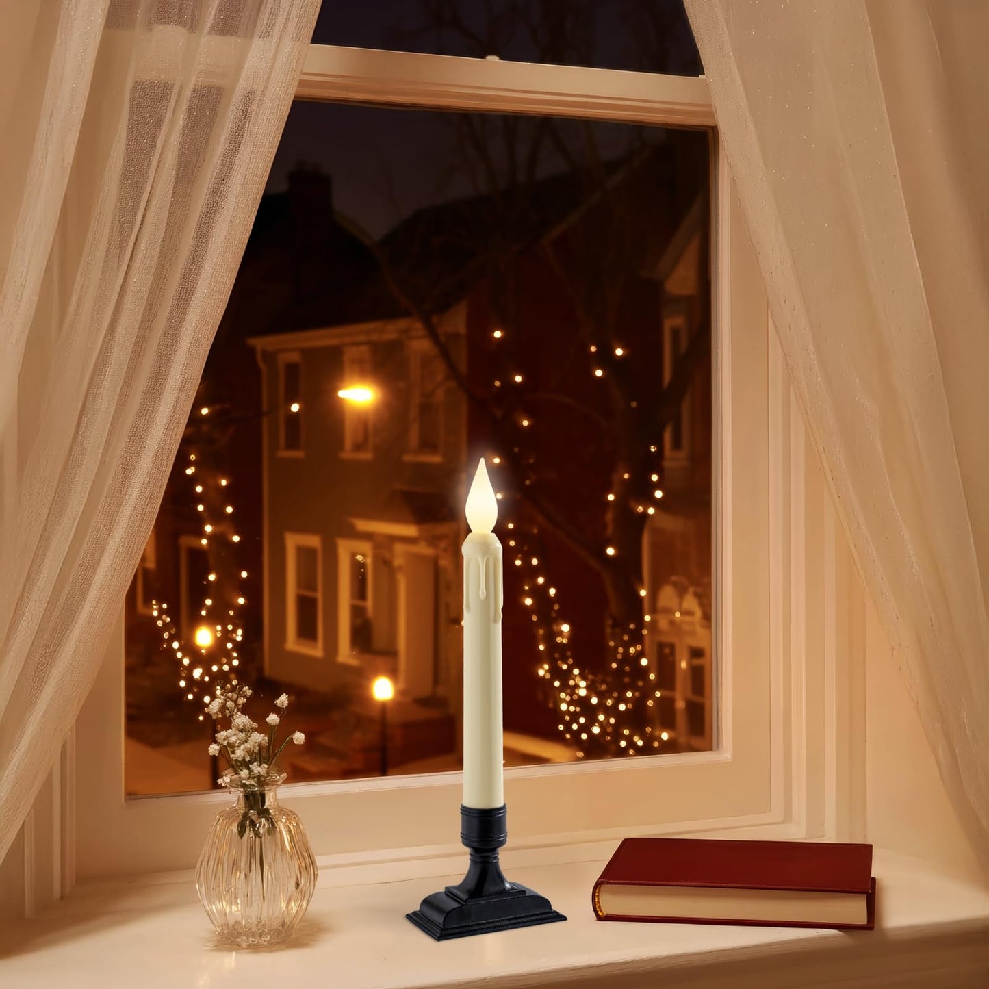 Meigic 6 Pcs Sensor Dawn to Dusk Window Candles, Flickering Battery Candles for Windows, Ultra Bright Fake Candle Lights with Black Holders, Led Candlesticks for Xmas Home Decor, White Light