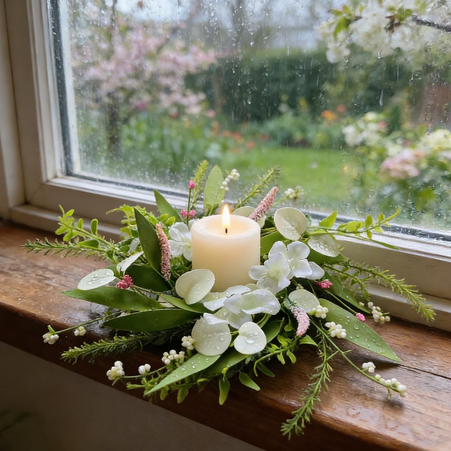 6 Pcs Small Spring Summer Candle Ring Wreaths Mini Pillar Candle Holder Wreath with White Hydrangea Flowers and Eucalyptus Leaves Artificial Spring Summer Wreath for Home Kitchen Table Cnterpieces