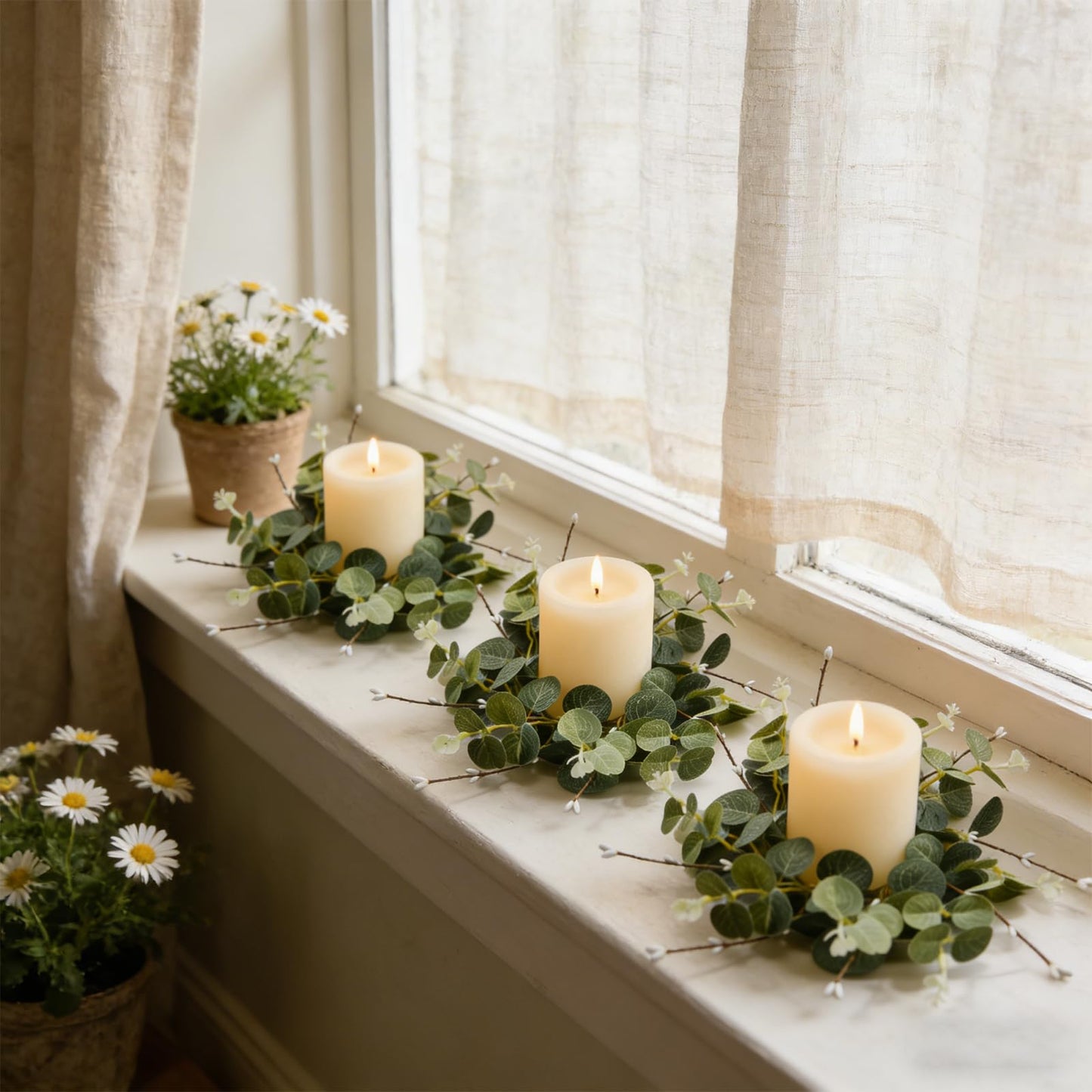 6 Pcs Small Spring Summer Candle Ring Wreaths with Artificial Eucalyptus Greenery White Buds Branches Mini Pillar Candle Holder Wreath for Home Table Centerpieces Kitchen Wedding Farmhouse Party Decor