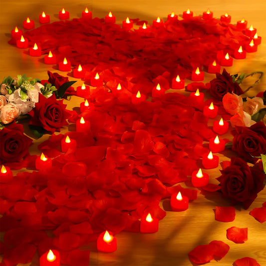 Coume 6000 Pieces Artificial Rose Petal 72 Pieces LED Tealights Candle, Romantic Decorations Special Night Rose Petal Heart Candle for Valentines Wedding Anniversary Proposal Decor(Red Light)