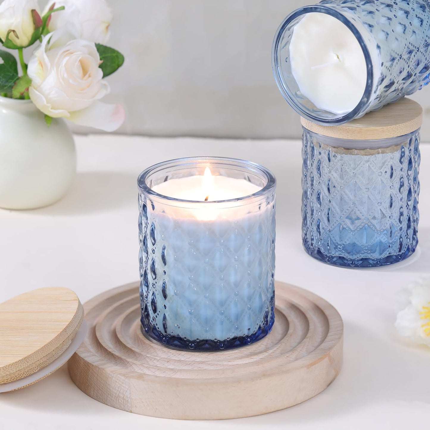 MATAHUM 8 Pack Blue Candle Jars for Making Candles, 7 OZ Empty Glass Candle Making Jars with Bamboo Lids for Candle Making Supplies, Candle Containers Vessels for Home DIY Decoration