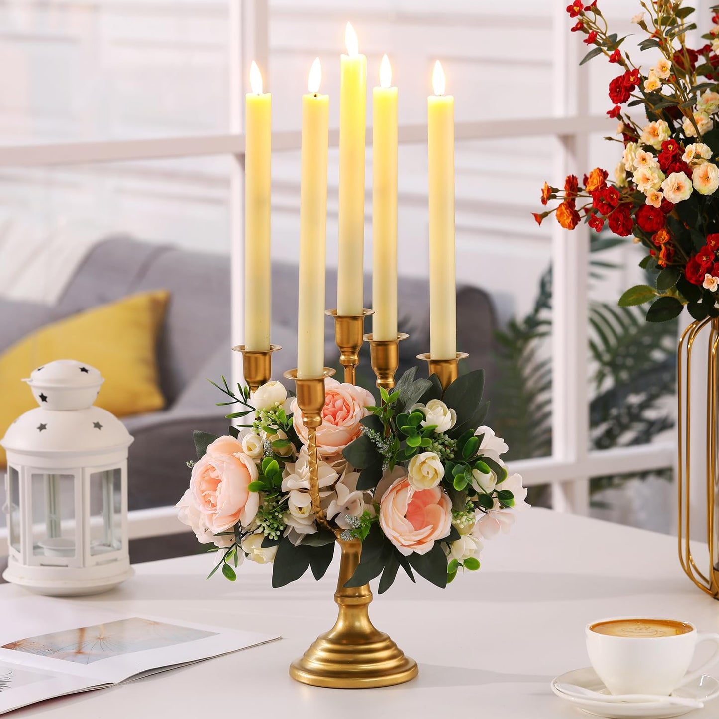 Rtteri 6 Pcs Gold Candelabra Candlestick Holder Metal Candle Stand Candelabra for Taper Candles Table Centerpieces Wedding Christmas Holiday Birthday Party (11.8 x 9.45 x 4.1 Inch,5 Arm)