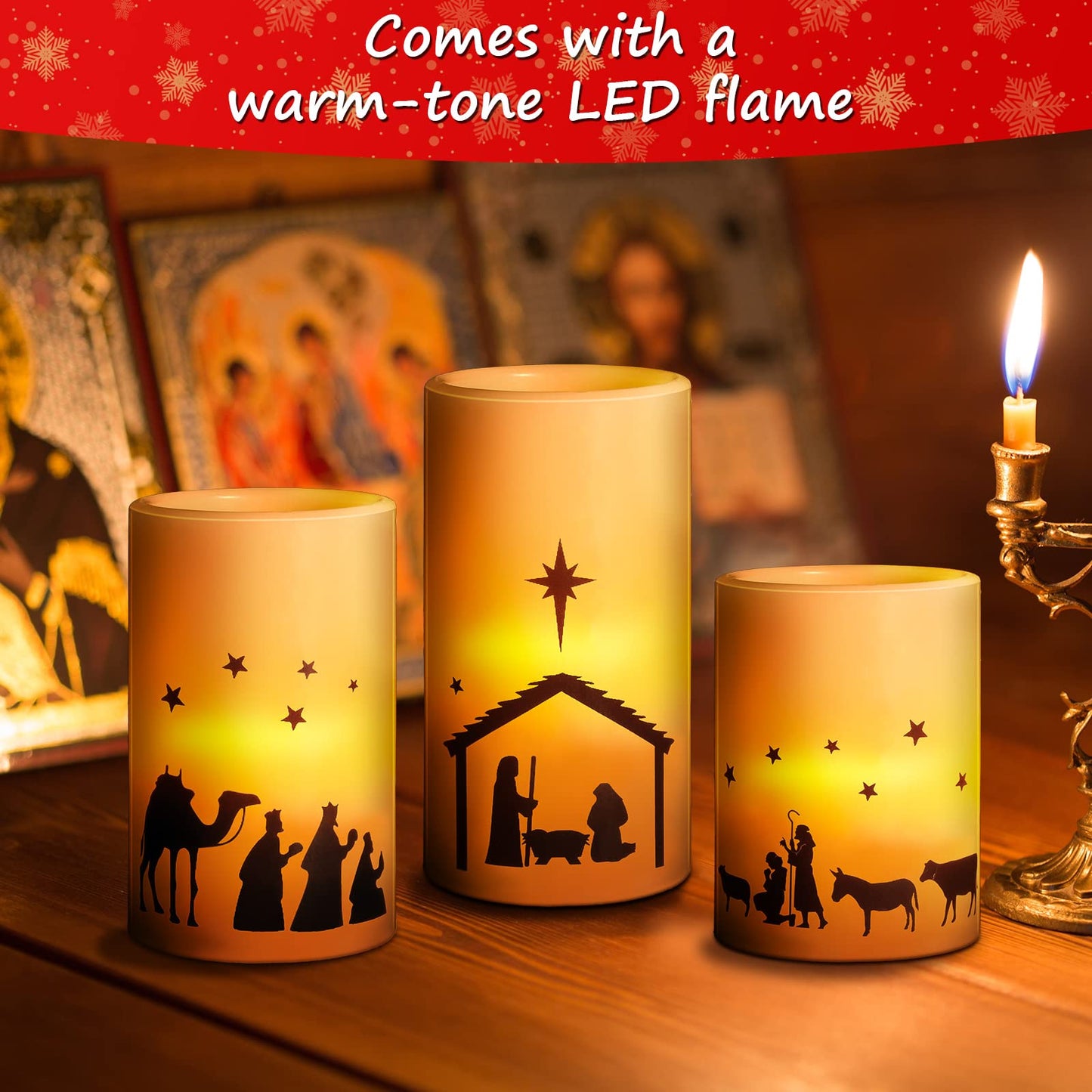 Nuanchu 3 Pcs Nativity Scene Candles Flameless Christmas LED Candles Battery Operated Warm Light for Advent Indoor Outdoor Home Table Decorations Christmas Holiday Decor