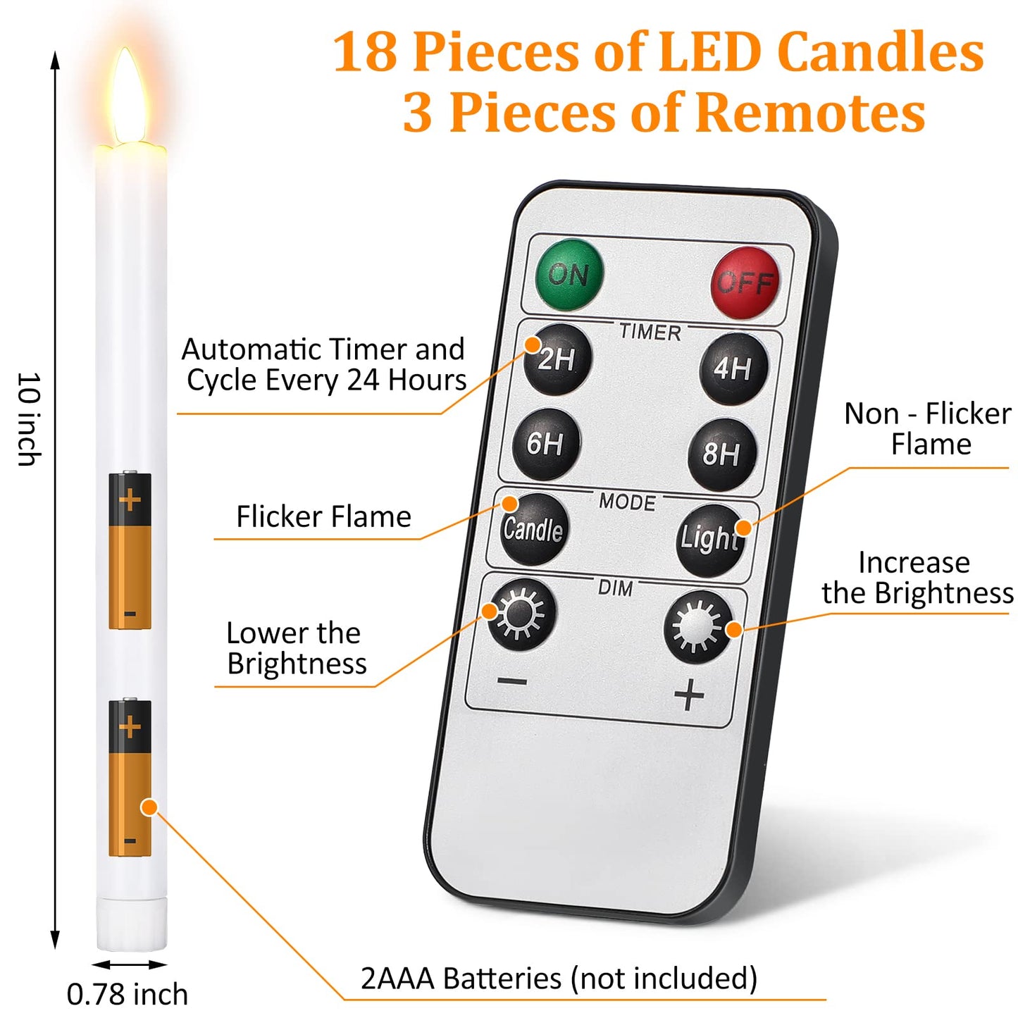 Tuanse 18 Pcs White Flameless Taper Candles with Remote Timer, Dimmer, LED Flickering Candlesticks Battery Operated 10 Inch Window Candles for Wedding Church Home Xmas Party Decor