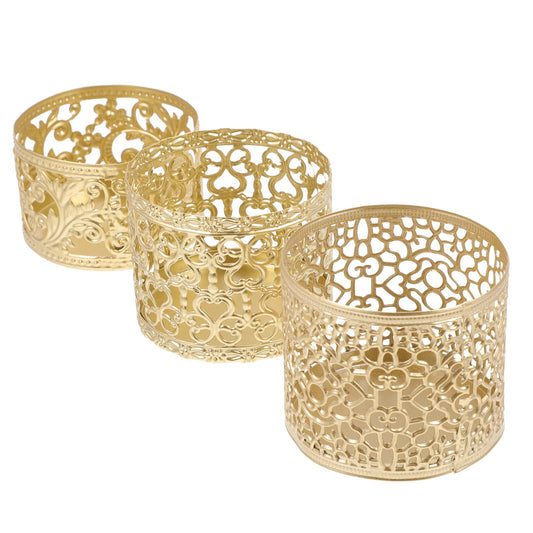 UKCOCO Iron Art Candleholder Set, Vintage Hollow Out Candlestick Holders for Home Décor, Large Size Gold Tone Metal Candle Stands, 3pcs Decorative Candle Holder Cups for Tabletop Display