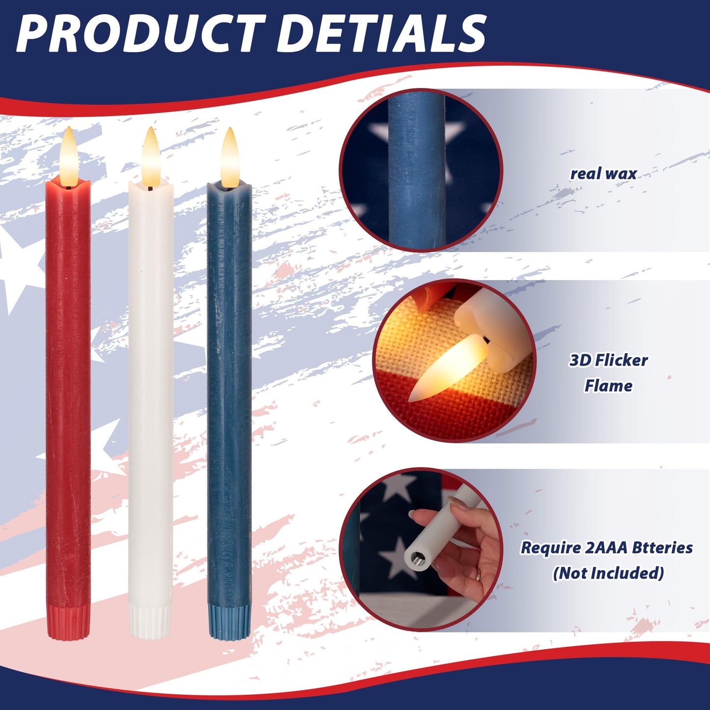 Patriotic Flameless Candles with Remote and Timer, Real Wax Red White and Blue Candles for 4th of July Decorations, 250th Anniversary Battery Operated Candles for Independence Day Celebrations, 3Pack
