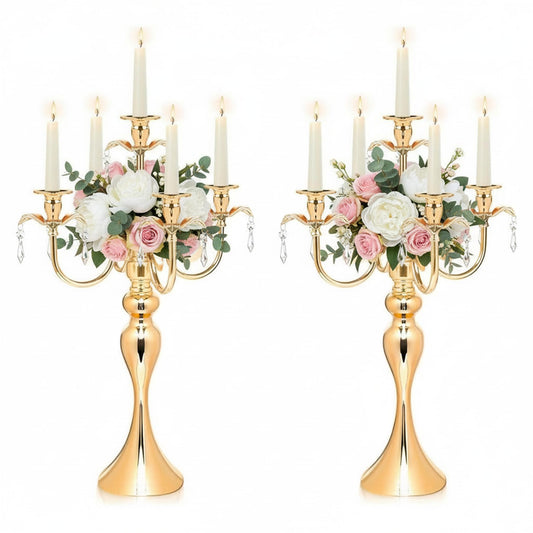 5-Arm Candle Centerpieces for Tables: Gold Metal Candle Holders for Wedding Decor, Vintage Candelabra Centerpieces, 20.3" Tall Candlestick Holders for Event Party Christmas Home Decorations