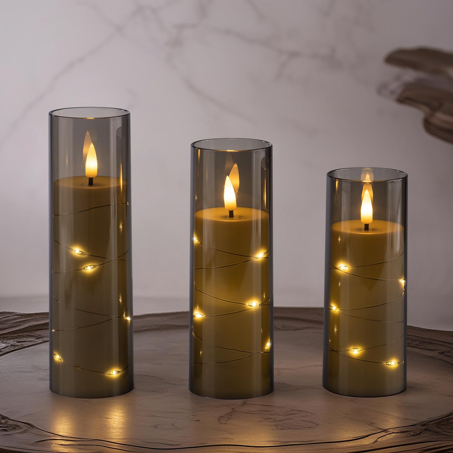 Pandaing 18 Pack Flameless Battery Operated LED Candles with Remote and Timer, Flickering Candles with Embedded Star String for Romantic Ambiance and Home Decoration, Stable Acrylic Shell (Grey)