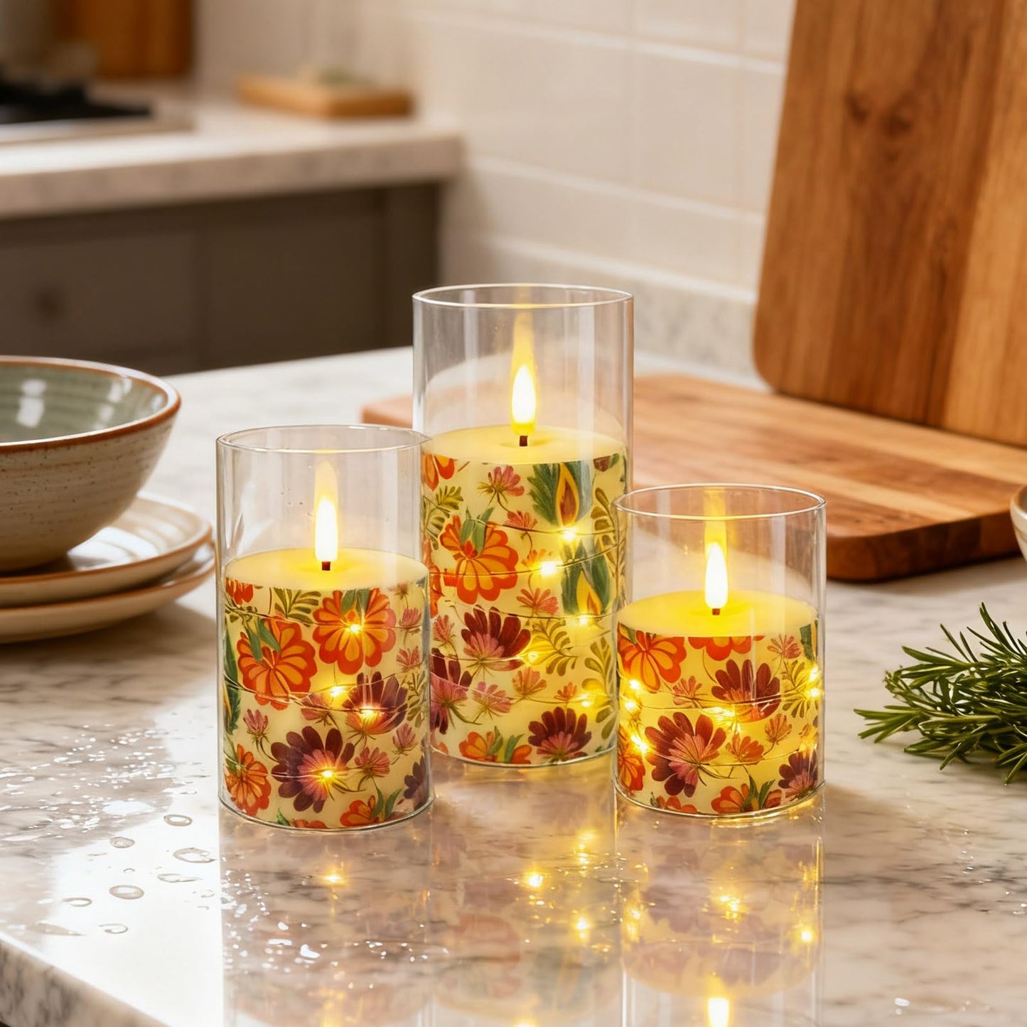 NjaoHoo Flickering Flameless Candles, Recessed String Light LED Candles 3D Wick Acrylic Battery Operated LED Pillar Candles with Remote and Timer for Modern Simple Home Decor Set of 3(Floral Printed)