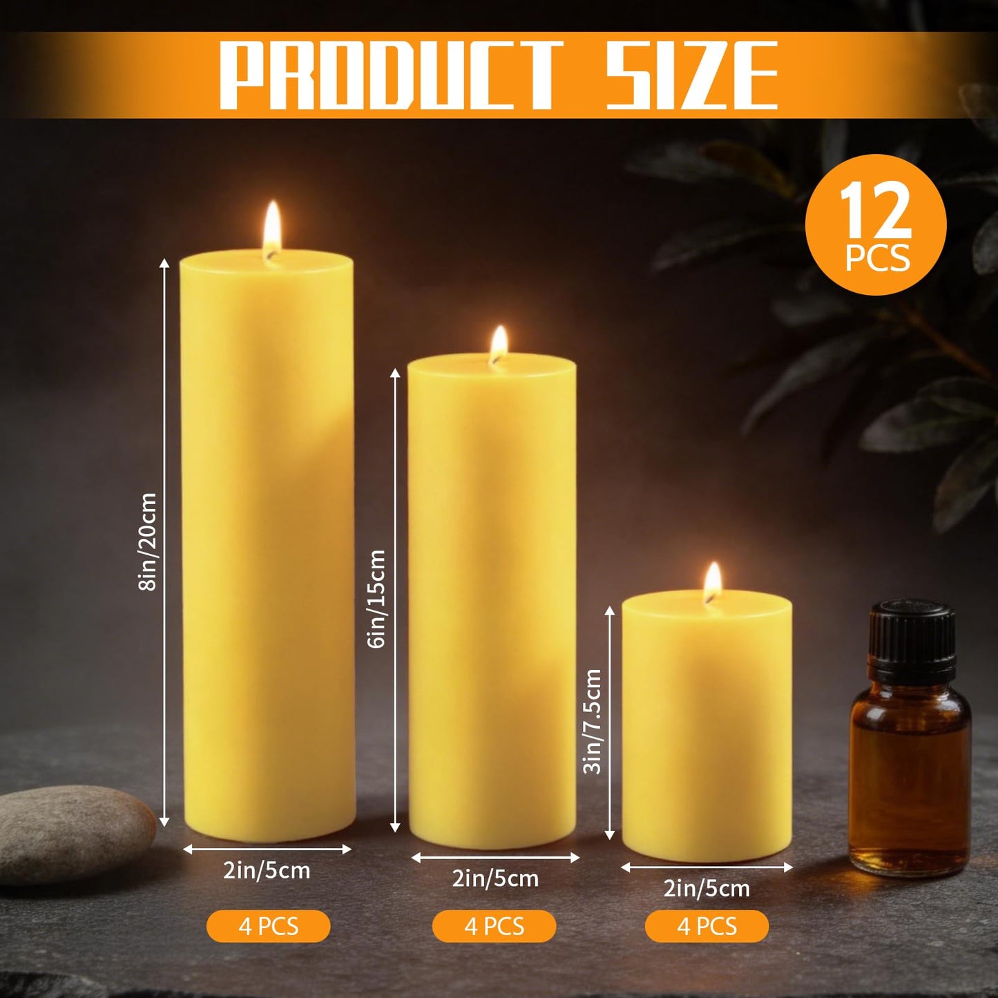CHICERA 12 Pack Pure Beeswax Pillar Candles, 2x3/6/8 Inch, Natural Mild Honey Scent, Long Burning, Smokeless & Dripless for Home Decor & Prayer