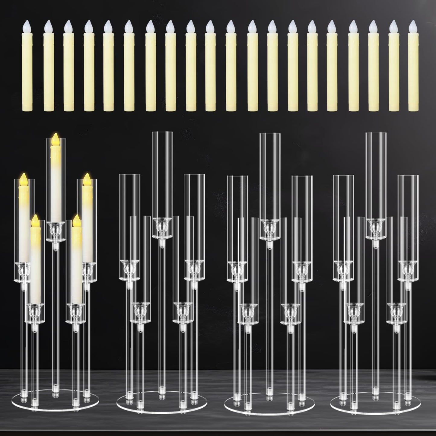Cheloment 4 Sets 5 Arms Acrylic Candelabra Centerpieces for Tables, 27" Clear Candle Holder for Wedding Dinner Party and Home Decor,Candlesticks Holder with LED Candles