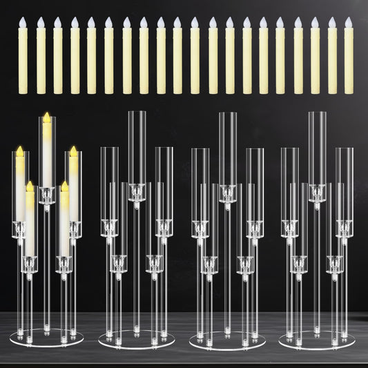 Cheloment 4 Sets 5 Arms Acrylic Candelabra Centerpieces for Tables, 27" Clear Candle Holder for Wedding Dinner Party and Home Decor,Candlesticks Holder with LED Candles
