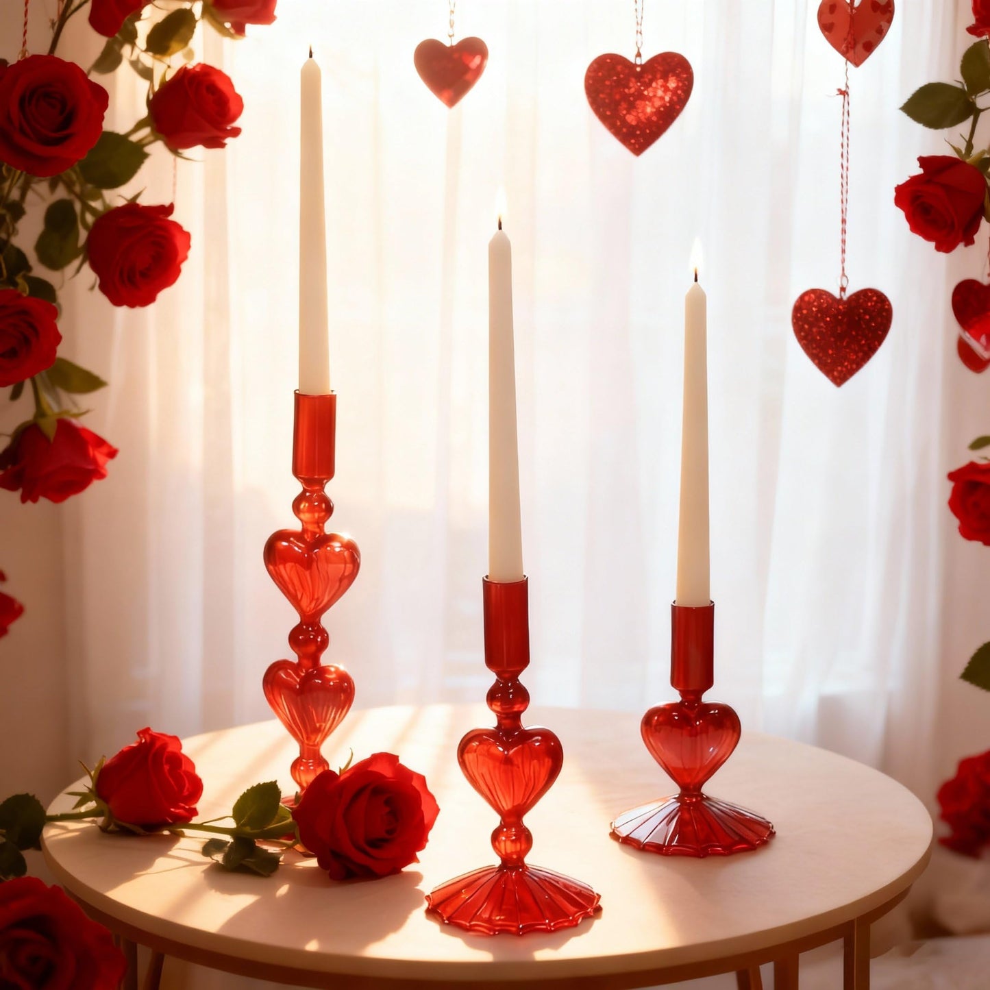 Mumufy 3 Pcs Valentine's Day Glass Candlestick Holders Heart Glass Taper Candle Holder Valentines Heart Candle Stick Vase Decor for Galentine's Day Wedding Festival Party Table Centerpiece(Red)