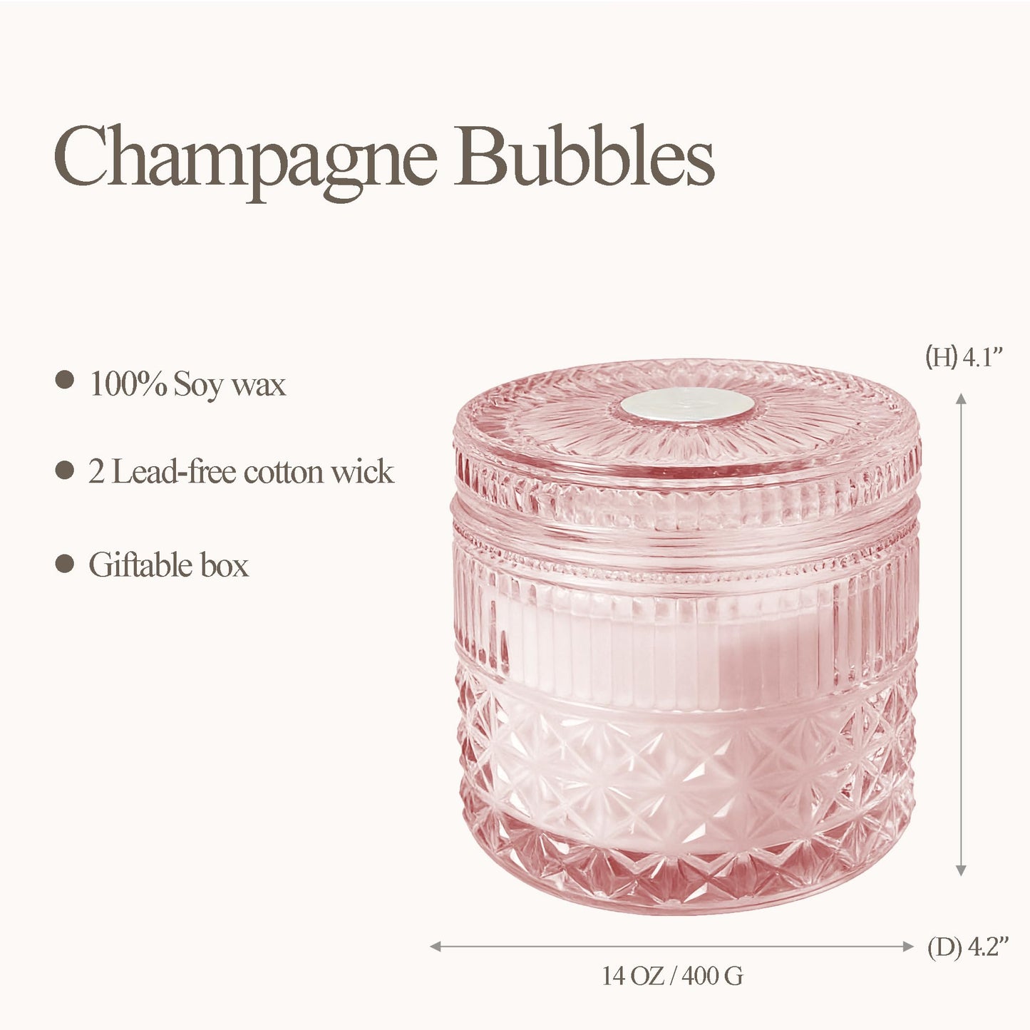 Chloefu LAN Pink Crystal Candles Champagne Bubbles Candle for Home Scented, Non-Toxic, Unique Meditation Spiritual Gifts, 14 oz, Valentines Day Gifts for Mom Friends Wife Sister Stocking Stuffers