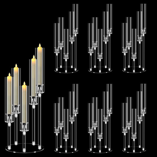 6 Sets 5 Arms Acrylic Candelabra Centerpieces for Tables,Clear Candle Holder for Wedding,Ceremony Dinner Party, 22.8" Tall Candlestick Holders with Lampshade,Fit LED Candle