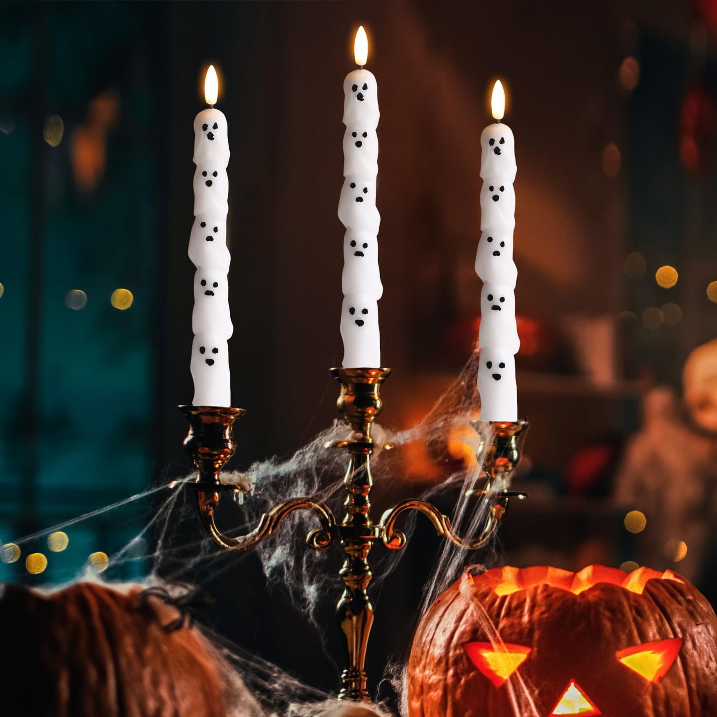 Eywamage Halloween Flameless Taper Candles with Remote, White Ghost LED Candlesticks Battery Operated Flickering Real Wax Set of 2