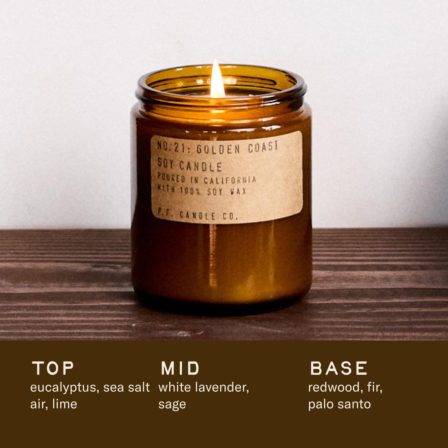 P.F. Candle Co. Golden Coast Classic Standard Scented Soy Wax Candle (7.2 oz) 40-50 Hour Burn Time, Amber Glass Jar, Made in The U.S.A.