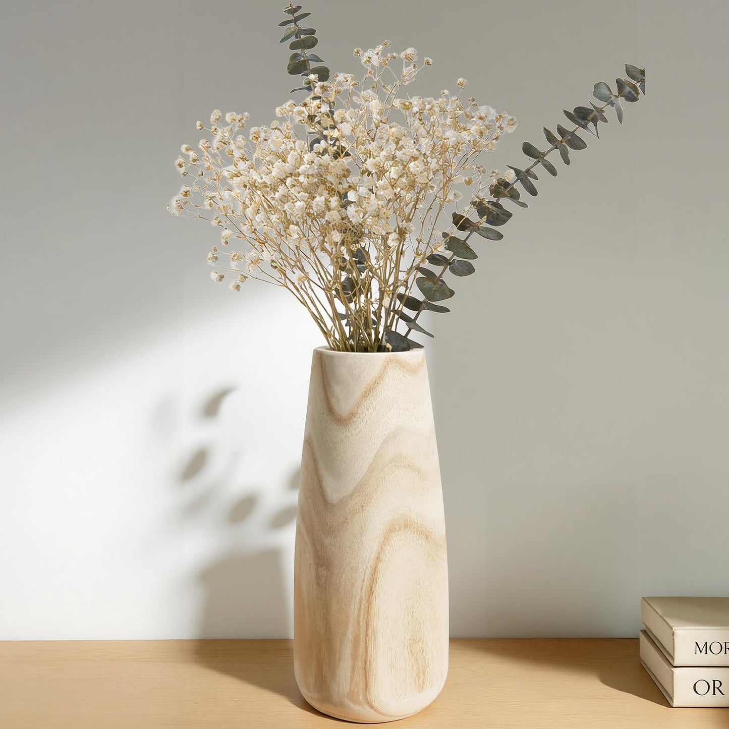 Natural Wood Vase for Dried Flowers - 12 Inch Decorative Wooden Vase, Warm Neutral Farmhouse Boho Decor for Living Room Bedroom Table Shelf