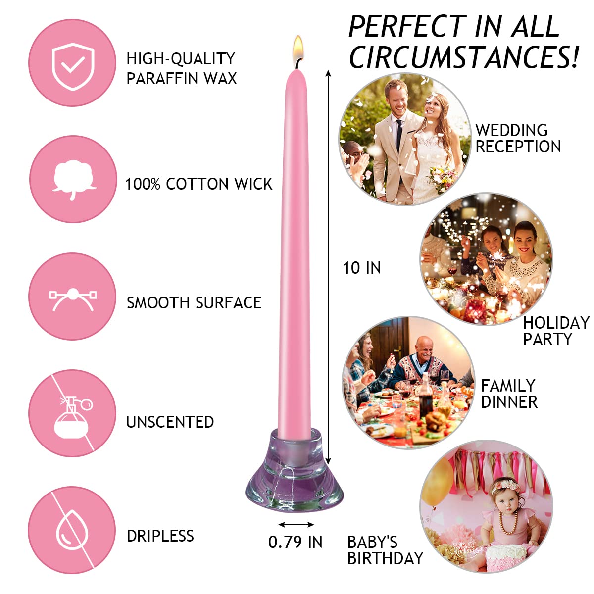 Pink Taper Candles, Set of 24 Unscented and Smokeless 10 Inch Taper Candles Long Burning, Paraffin Wax with Cotton Wicks for Burning Approxinately 7-8 Hours Time