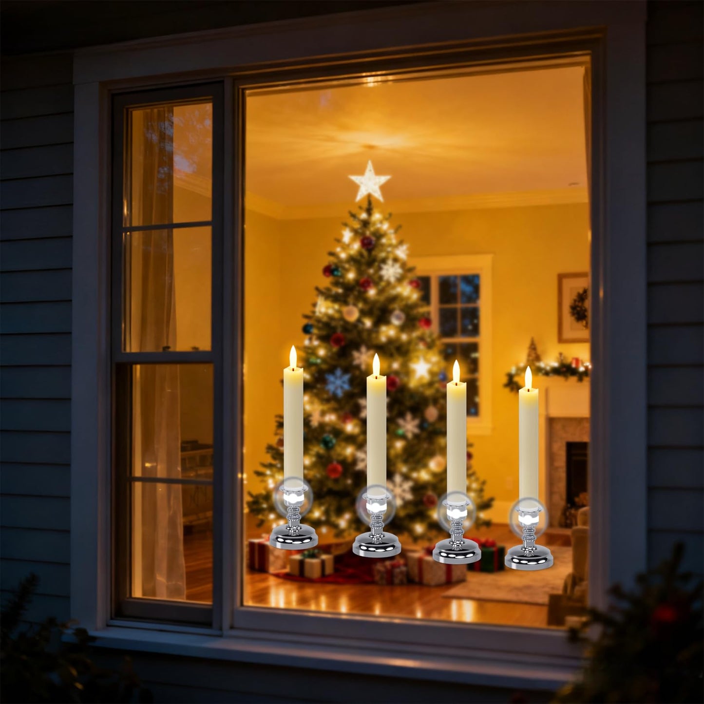 Wondise Flameless Window Candles with Remote Timer, 7" Battery Operated 3D Wick Real Wax LED Flickering Taper Candles for Christmas Decoration, Removable Silver Holder and Suction Cups Included 4Pack