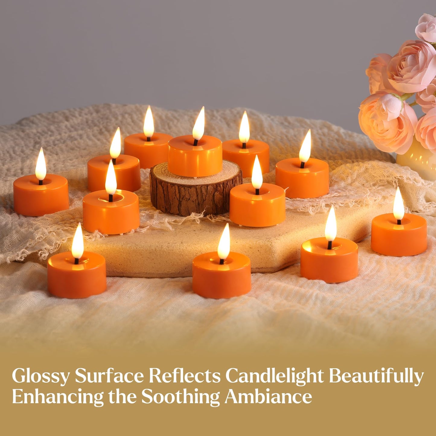 Eywamage Orange LED Tealights with Remote Batteries, Flickering Flameless Tea Votive Candles Decor Set of 12