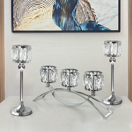 3 Arms Crystal Bowl Tealight Candelabra Votive Candle Stand, Wedding centerpieces for Tables Crystal Candlestick，Centerpiece Table Decorations (Set of Silver)