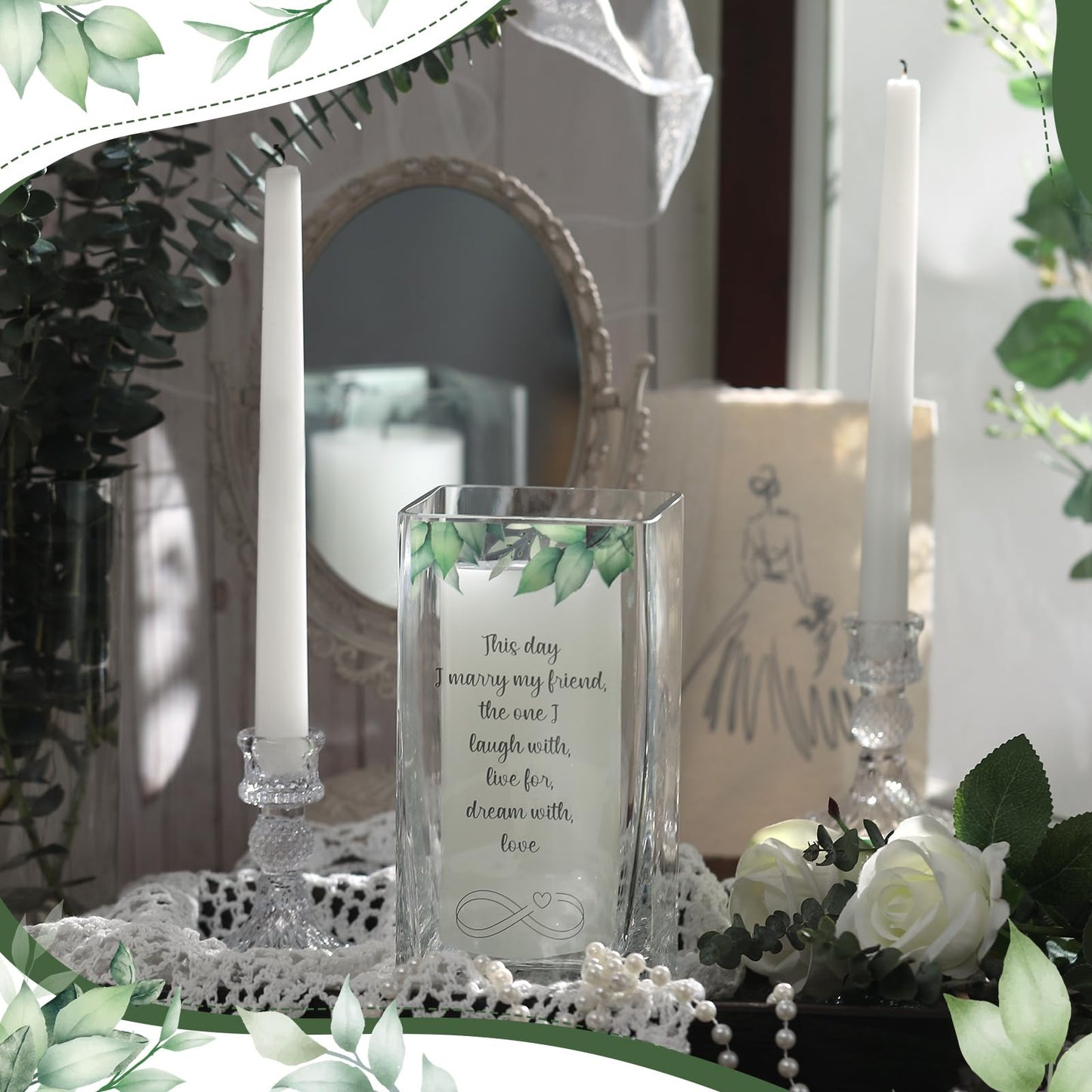 FoldTier Unity Candles with Holder for Wedding Ceremony Set 1 6" Pillar 2 9.8'' Taper Candles 3 Candlestick for Religious Formal Events Church(Green Leaf)