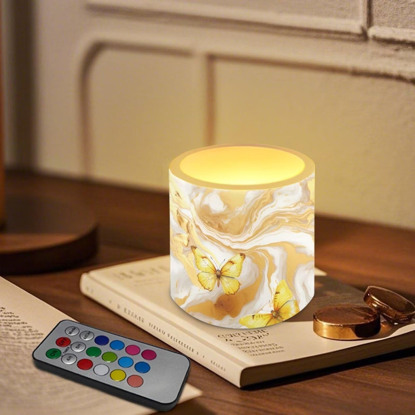 Cozeyat Gold Swirl Marble LED Candles Set of 4 Battery Powered Flameless with Remote Timer Flickering Flame Waterproof for Home Patio Beach Table