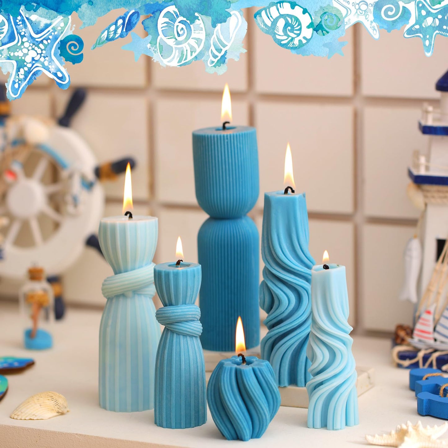 Threlaco 6 Pcs Pillar Candles Decorative Modern Aesthetic Ribbed Candle Set Cute Soy Wax Scented Ribbed Decor Commemorative Gift for Home Decoration(Blue,2.36-6.89 Inch)