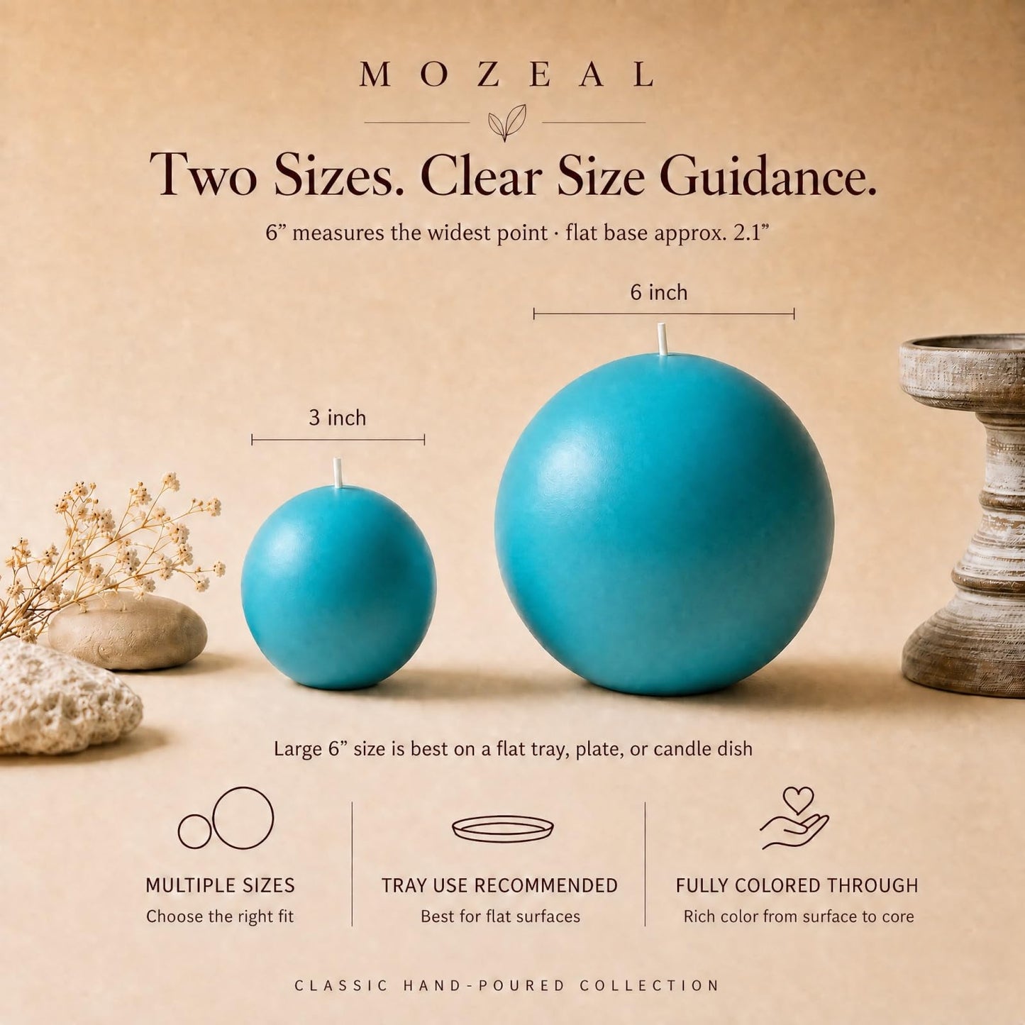 MOZEAL Hand-Poured, 3 Inch Turquoise Round Ball Candles - Elegant Teal Round Pillar Candles Set of 3, Dripless, Unscented, Smokeless, Ideal for Summer Parties.