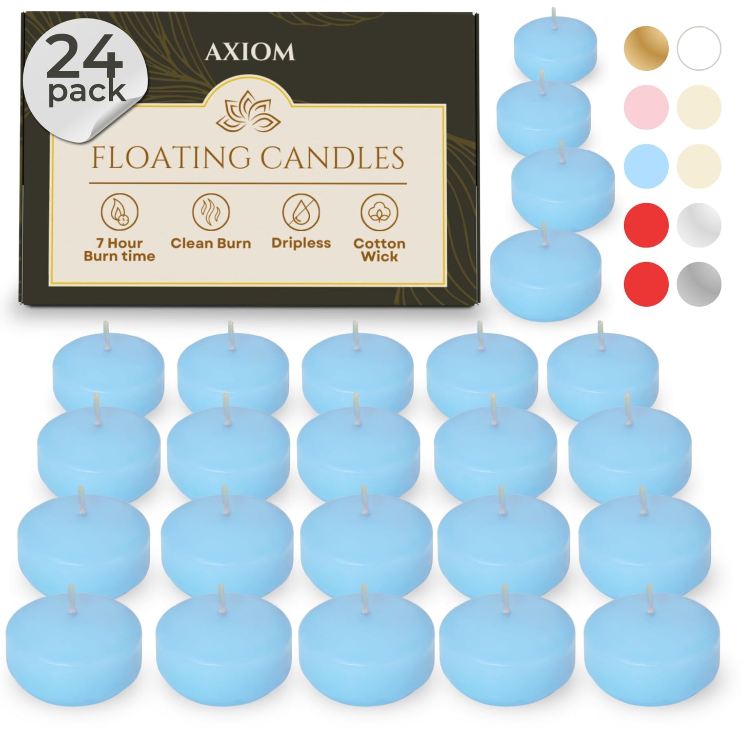 Pack of 24 - Floating Candles 2 Inch for Centerpieces - 4+Hours Paraffin Wax Cotton Wick | Dripless & Smokeless for Home Decor, Wedding Decorations, Valentine Decors, Birthday Dinners, Celebrations