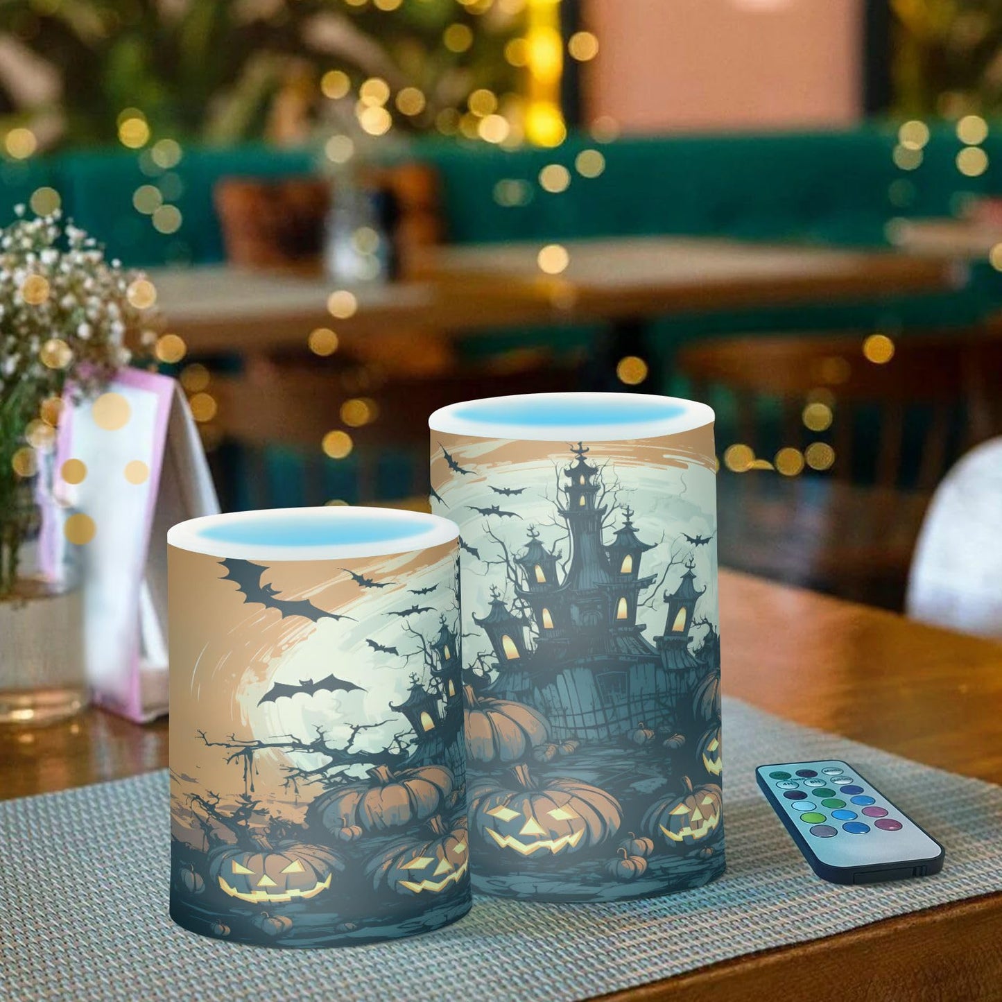 ALAZA Halloween Pumpkins Castle Bat4 Flickering Flameless Candles Battery Operated with Remote Timer,Tea Light Candles LED Pillar Votive Candles Set of 2 for Outdoor Indoor Decorations