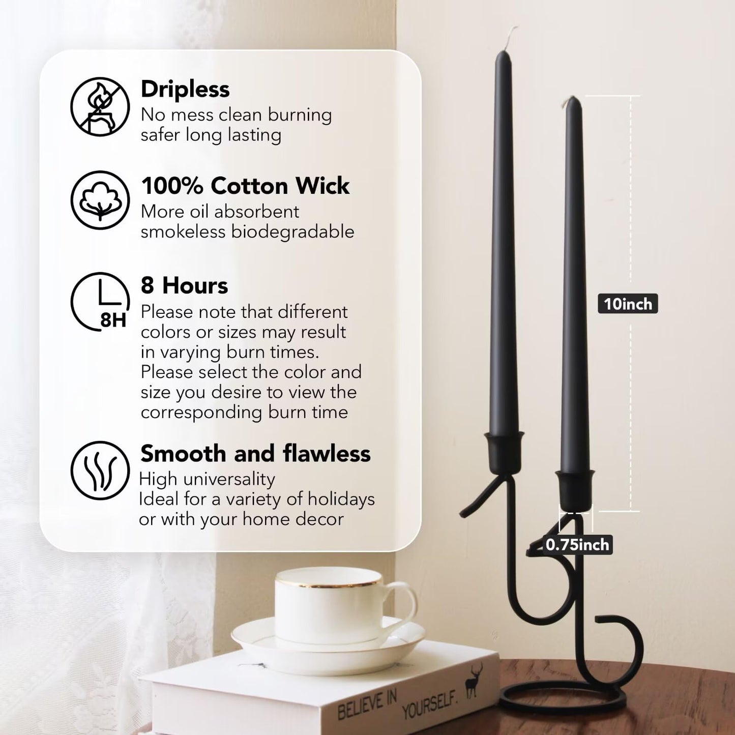 Pickood 10-Inch Tall Unscented Dripless Taper Candles Bulk 30 Pack - Black Taper Candles Bulk, Perfect for Wedding, Dinner - Smokeless, 6-8 Hour Long Burning - Colored Candlesticks Bulk - Black
