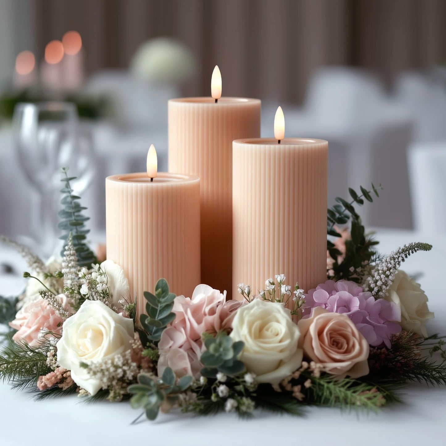 West Ivory Fluted Ribbed LED Pillar Candles, Blush Beige, with Reflective Melted-Wax Effect – Flickering Flame, Remote, Dimmable, Flameless, Battery Operated, Home & Wedding Decor (Set of 3)
