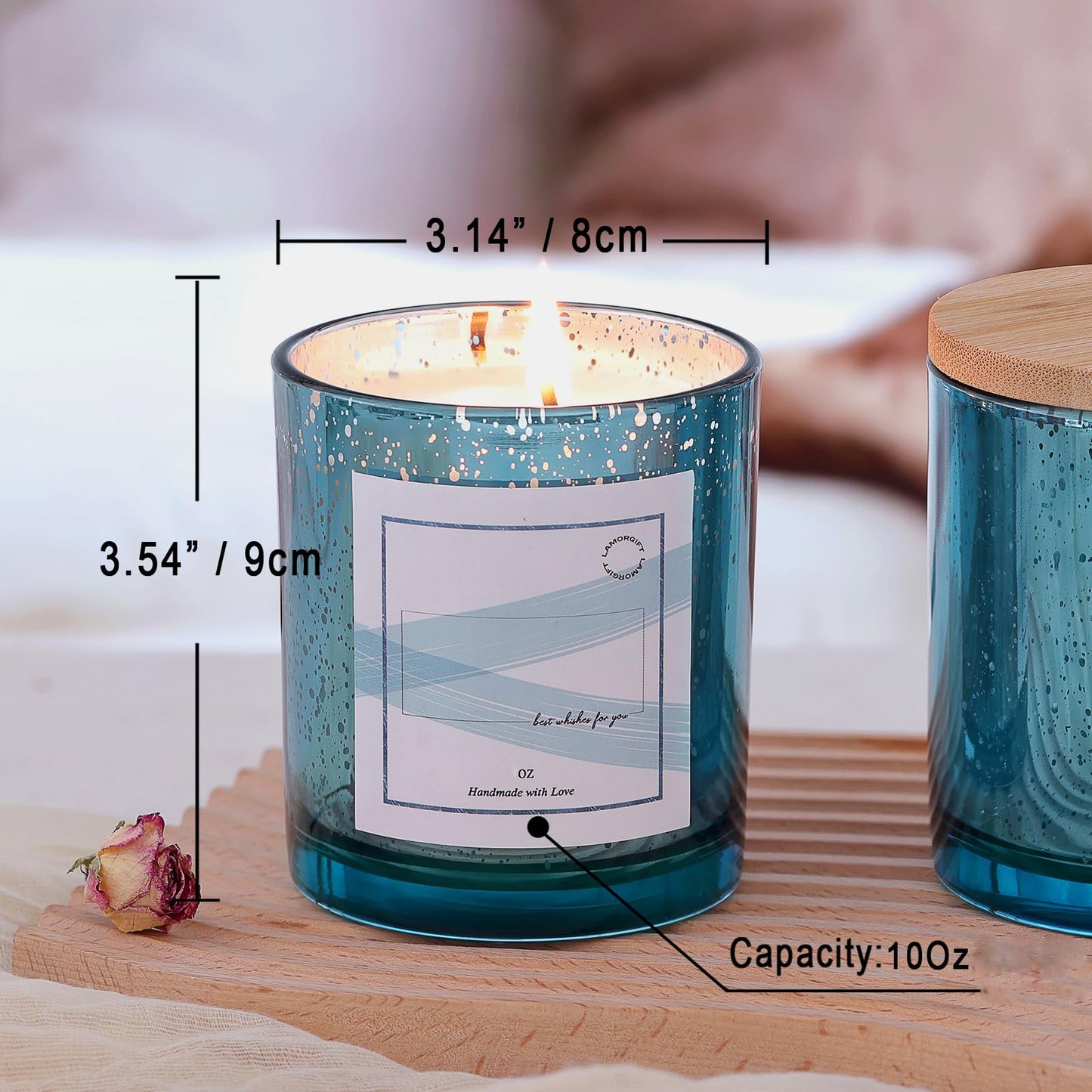 LAMORGIFT 12 Pack Glass Candle Jars with Lids (Lake Blue) - 10 OZ Candle Making Jars - Candle Containers for Making Candles - Mercury Glass Candle Jars Include 12 Pcs Candle Labels.