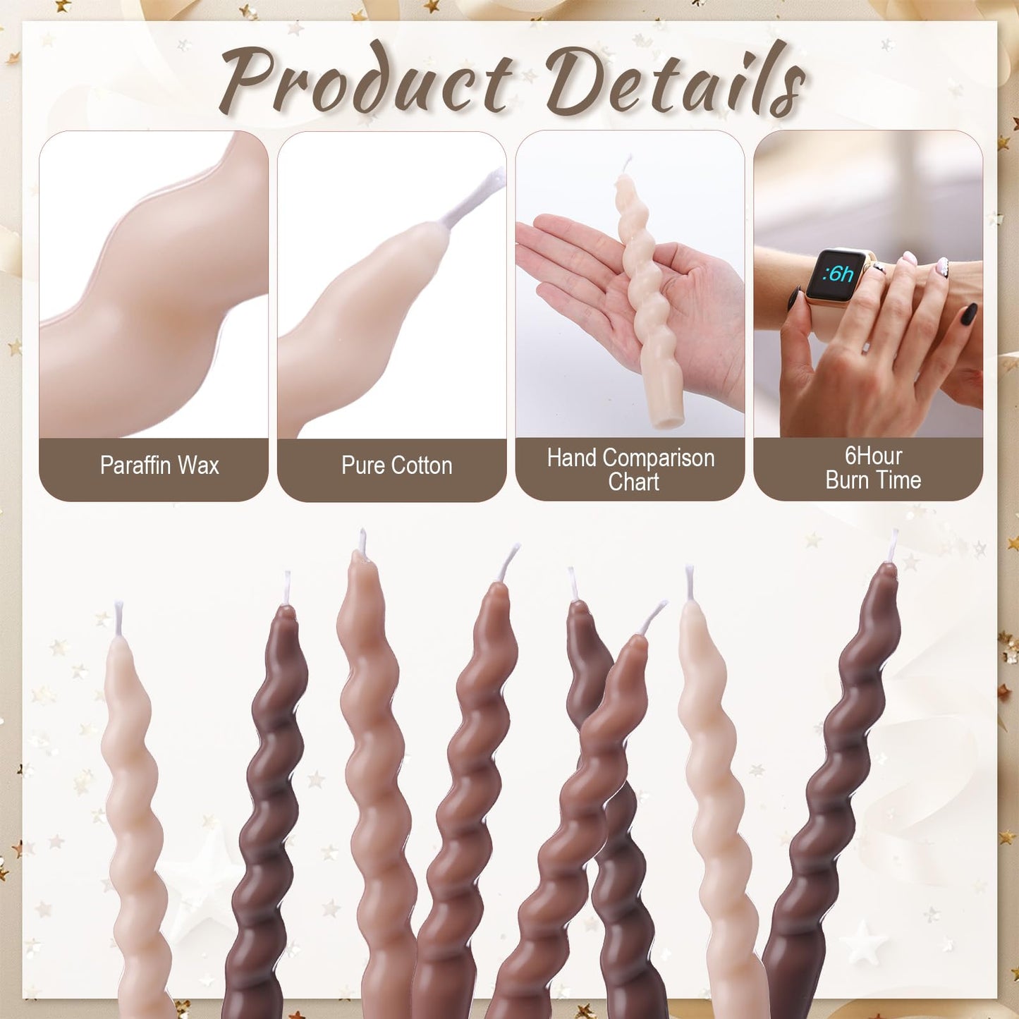 Zhengmy 4 Pcs Gradient Khaki Spiral Taper Candle 7 Inch Twisted Long Wax Dinner Candlestick for Fall Halloween Christmas Holiday Valentines Wedding Birthday Baby Shower Table Decor(Solid)
