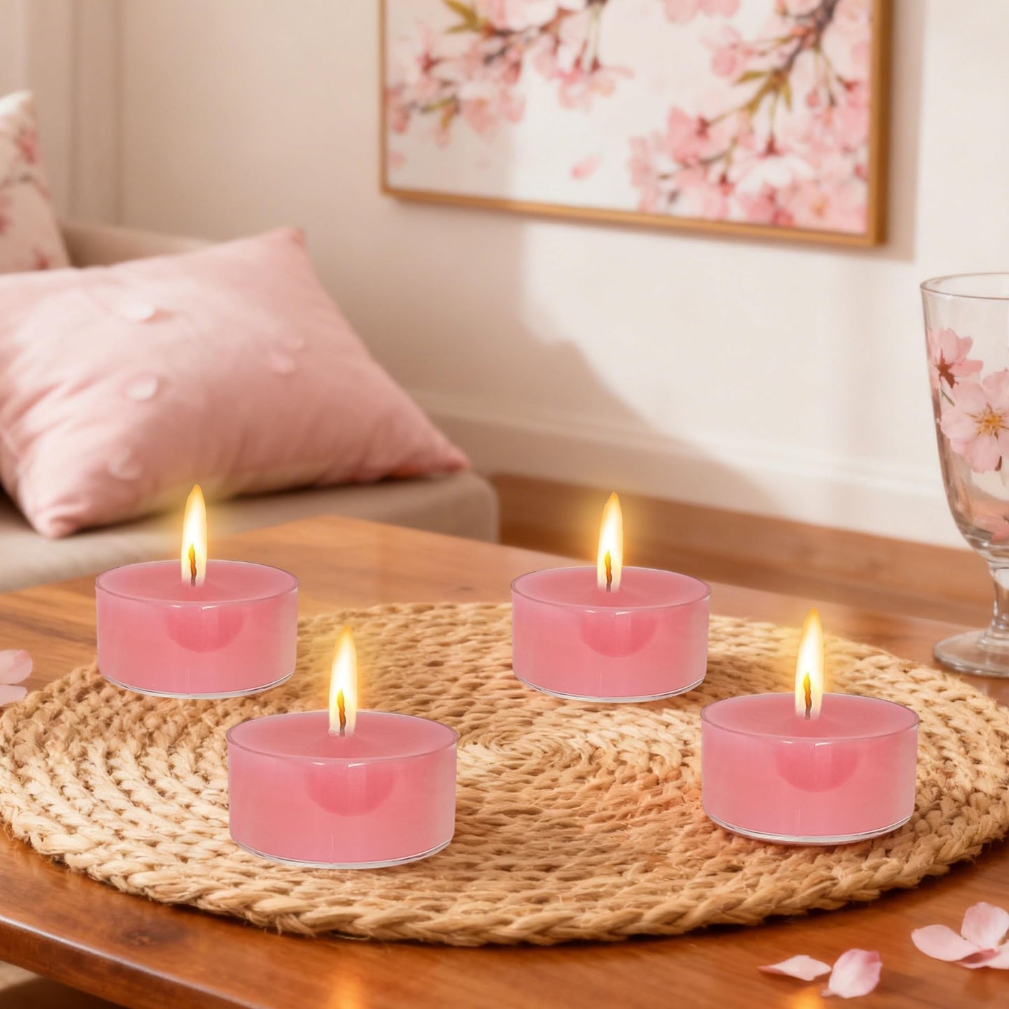 Cherry Scented Tealight Candles Handmade Candlesticks,12pcs Pink FragranceRound Tea Light Candles Natural Bees Wax Tealight Candle Smokeless for Spa Home Party Decor (12S-RDCB)