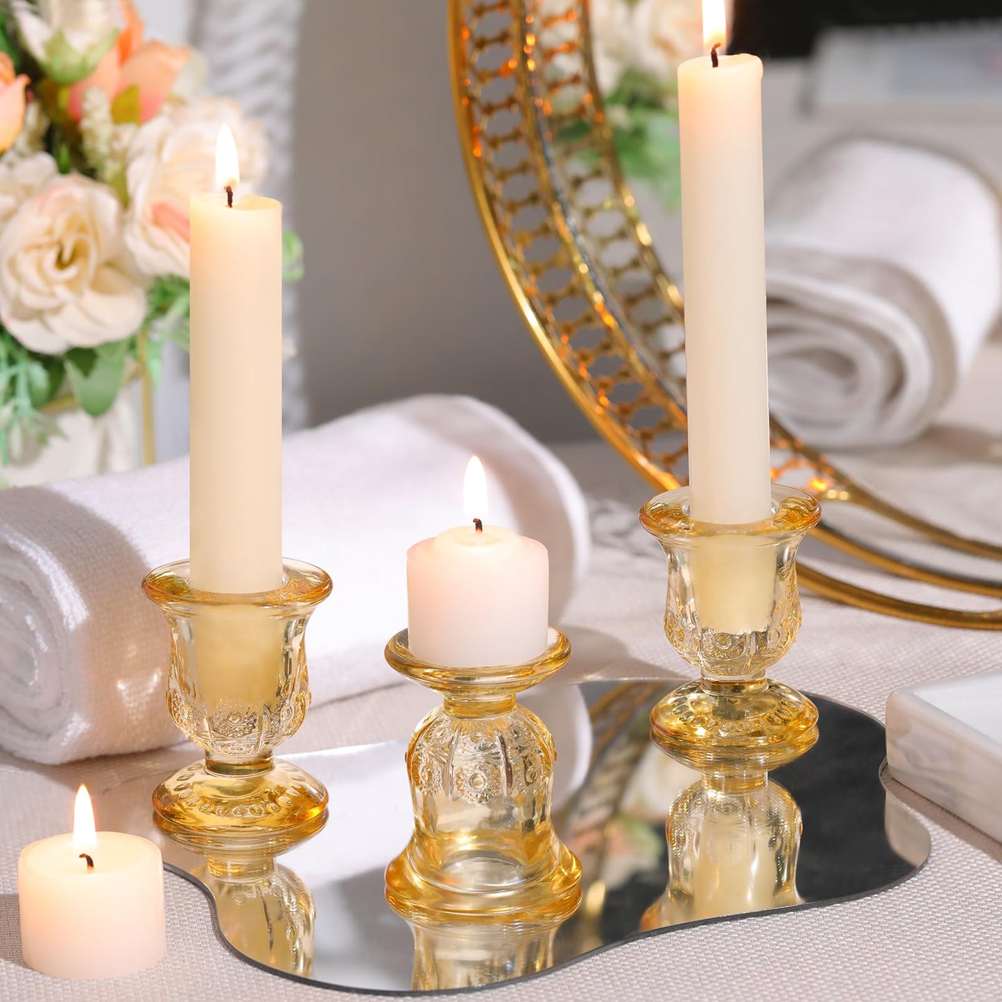 sunnyfuture 10pcs Gold Candlestick Holders, Glass Taper Candle Holders for Table Centerpiece Decor, Wedding, Birthday, Gift