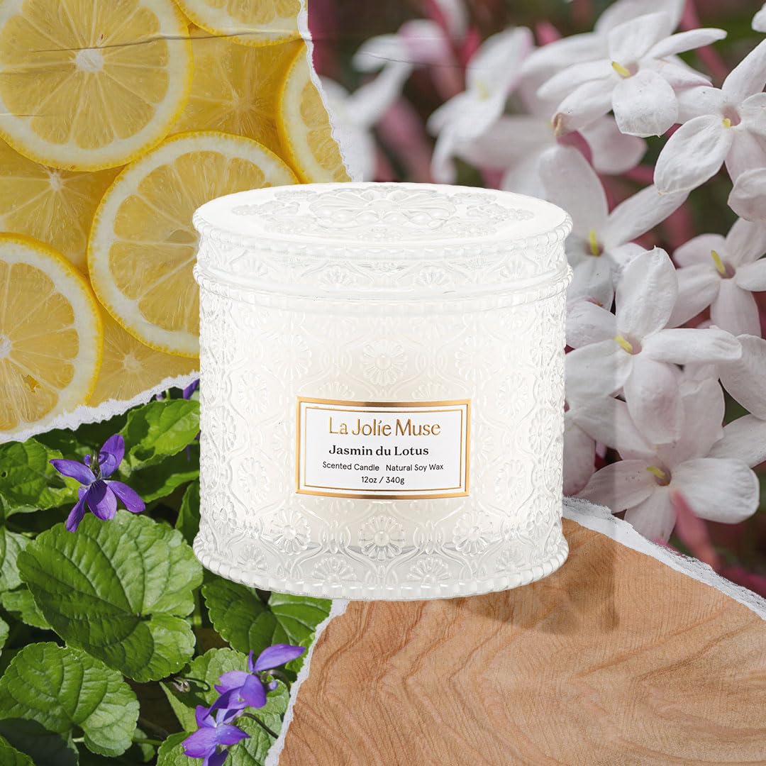 LA JOLIE MUSE Jasmine Lotus Scented Candles for Home | 2-Wick Non Toxic Natural Soy Floral Candles | White Large Jar Candle for Women | Luxury Gifts for Mom | 12 oz