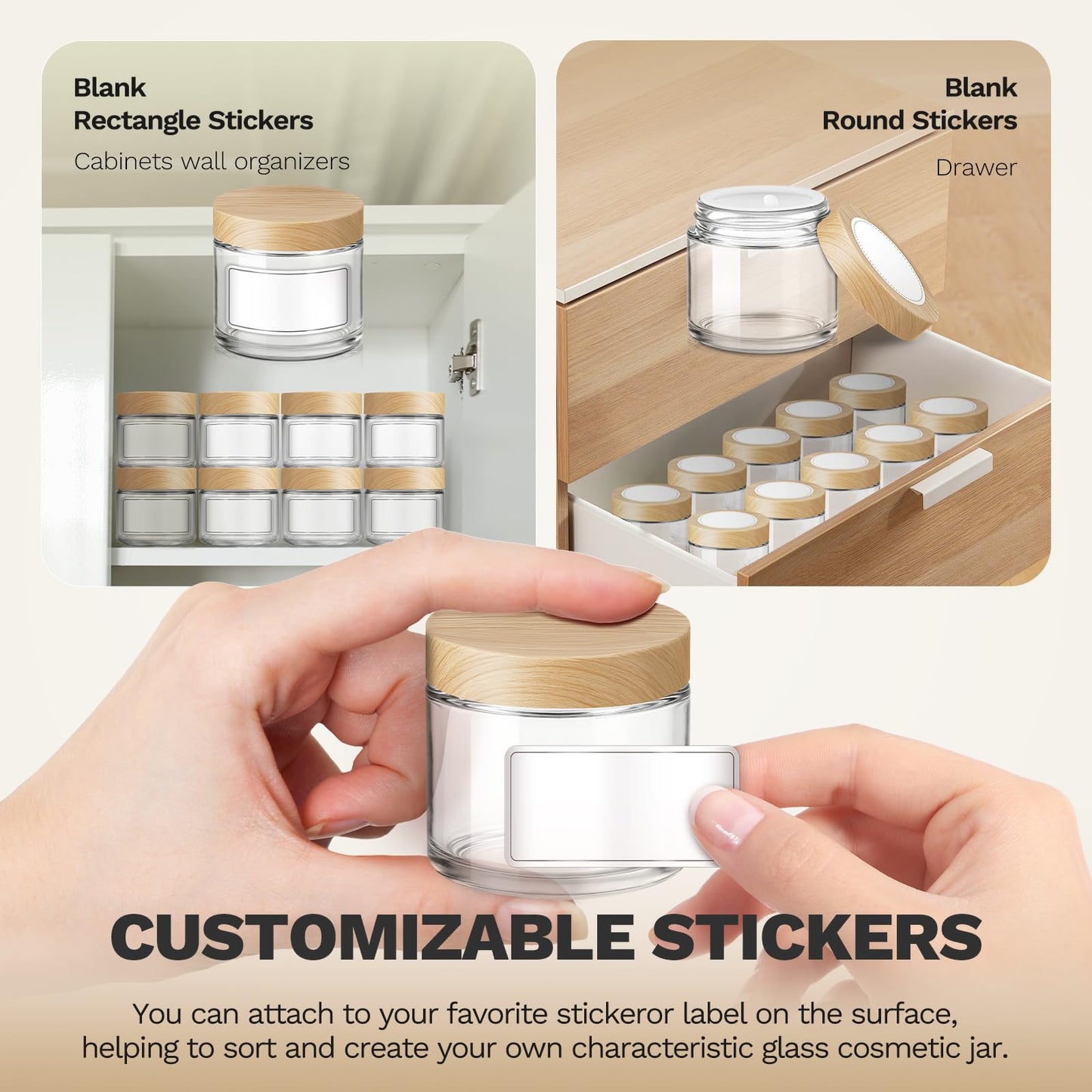 Bumobum 2 oz Small Glass Jars with Plastic Woodgrain Lids, 24 Pack Clear Glass Cosmetic Jars with Inner Liners, 60ml Refillable Empty Sample Containers for Cream, Salve, Powders and Lotion Storage