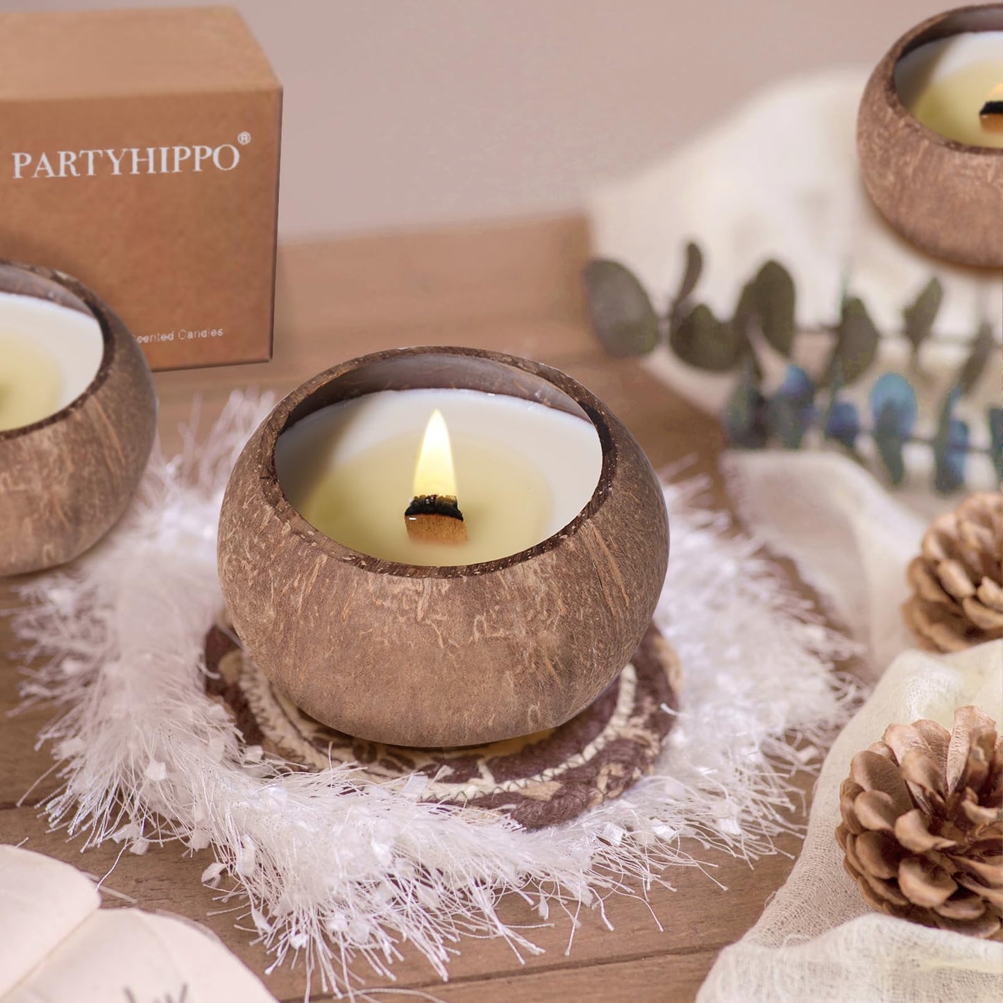 PARTYHIPPO Coconut Shell Scented Candle – 60-Hour Burn | 100% Soy Wax | Clean Burning Rosewood Wick | Natural Aromatherapy Gift for Home & Relaxation (Dewy Moss)