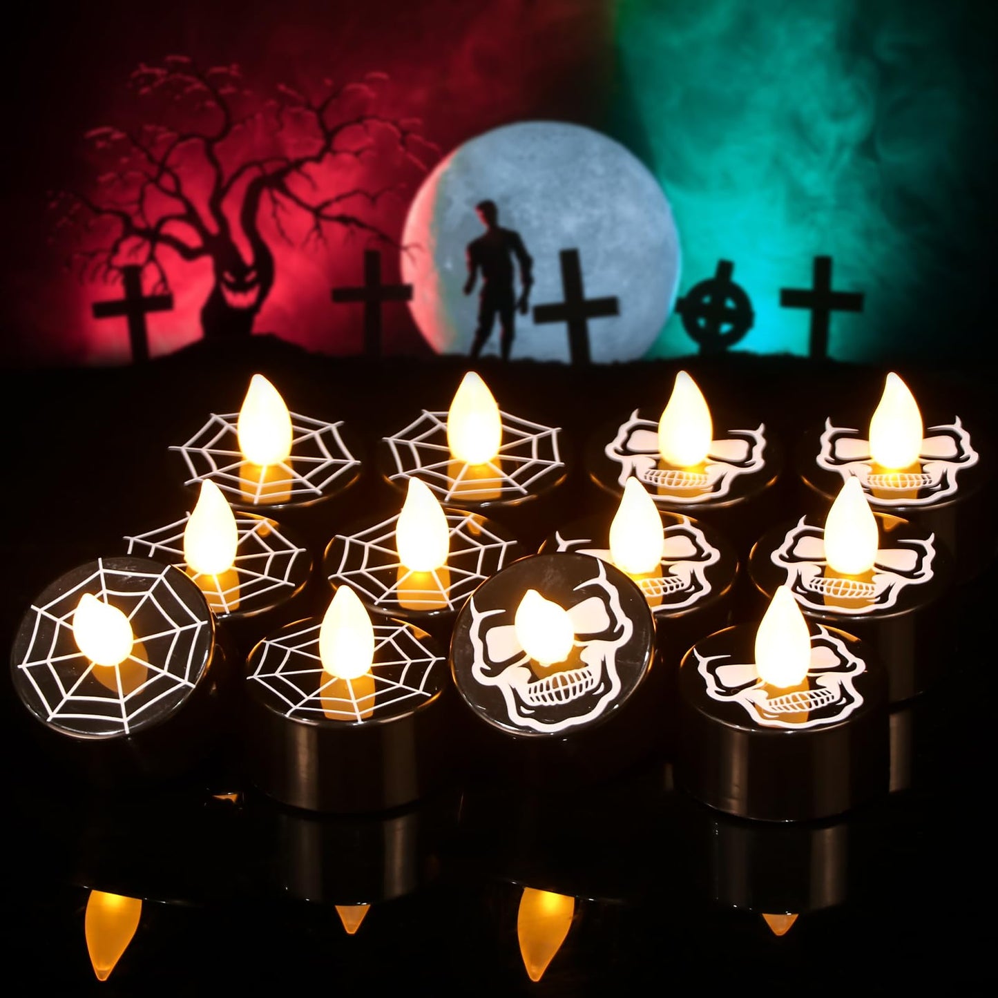 GenSwin Halloween Black Tealights Candles, Battery Operated Tea Lights Candles with Timer, 12 Pack Flameless Candles with 3D Wick, LED Votive Candles with Skull and Spiderweb Prints for Home Decor